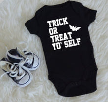 Load image into Gallery viewer, Trick or treat yo self one piece / baby halloween / costume / first halloween / bat / babyshower gift / unisex / creeper / spooky