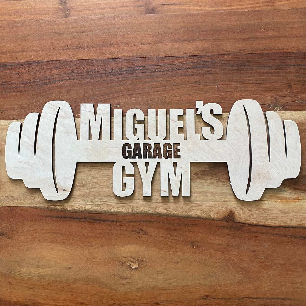 Original Custom Barbell Gym Sign - laser-cut hardwood wall art, hand-finished by Soul Kid Dsgn