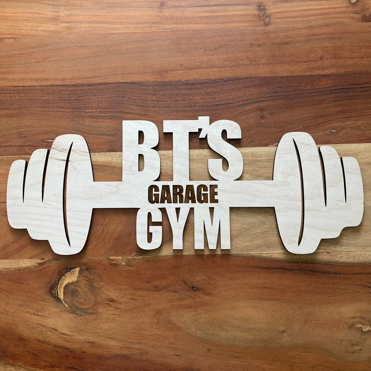 Original Custom Barbell Gym Sign - laser-cut hardwood wall art, hand-finished by Soul Kid Dsgn, view 2