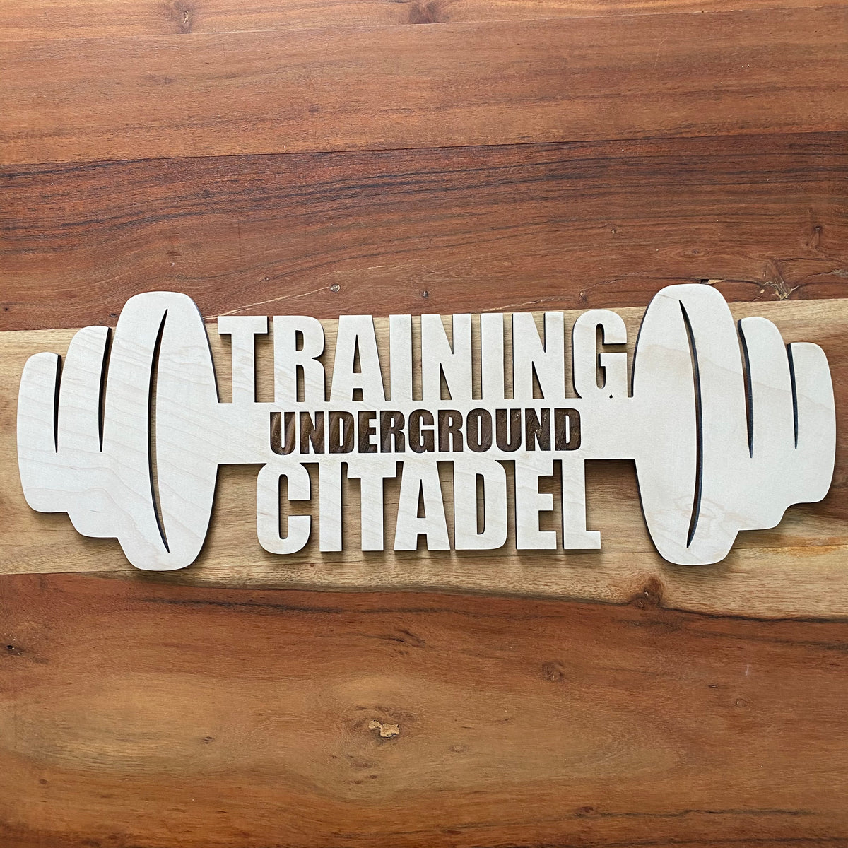 Original Custom Barbell Gym Sign - laser-cut hardwood wall art, hand-finished by Soul Kid Dsgn, view 3