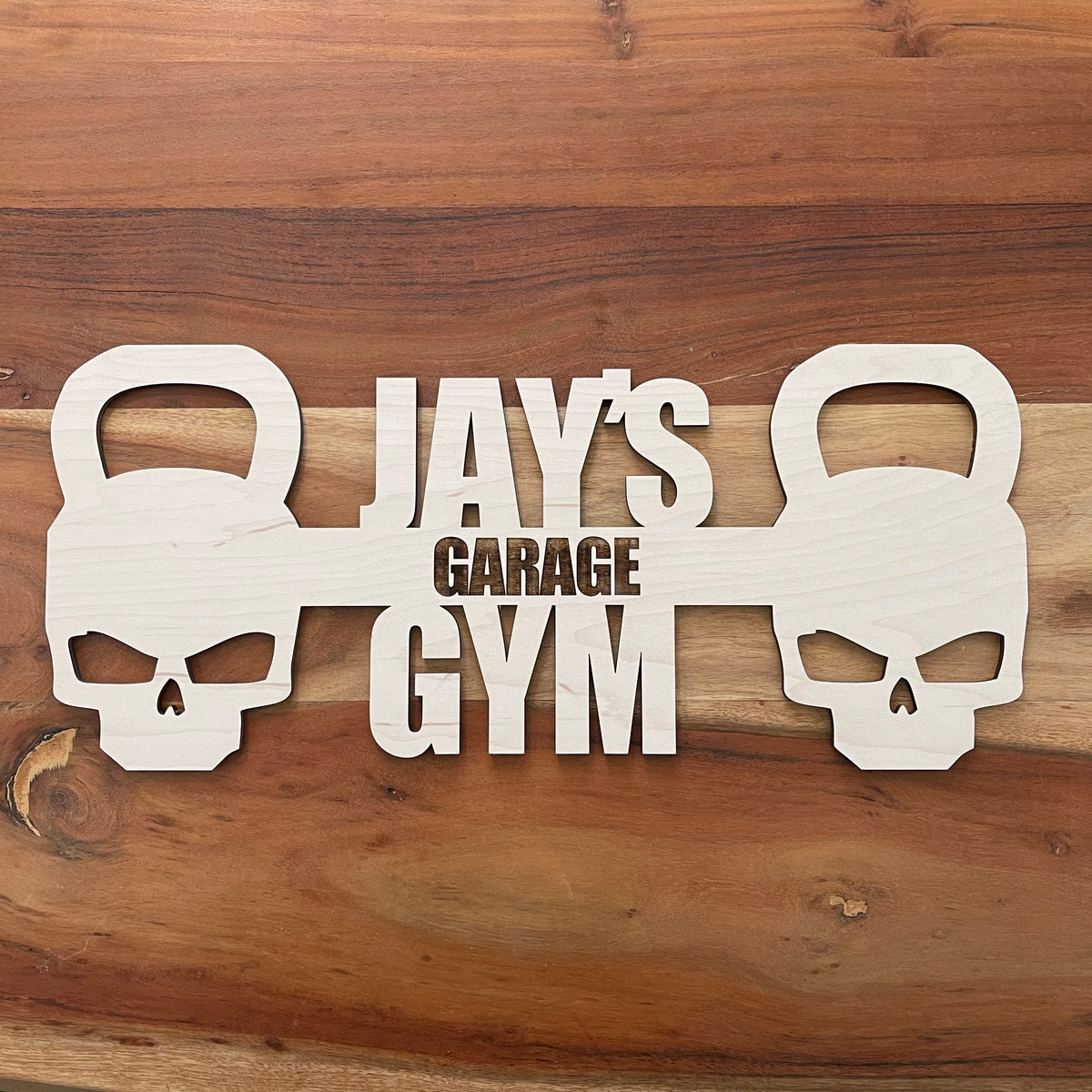 Original Custom Iron Skull Gym Sign - laser-cut hardwood wall art, hand-finished by Soul Kid Dsgn
