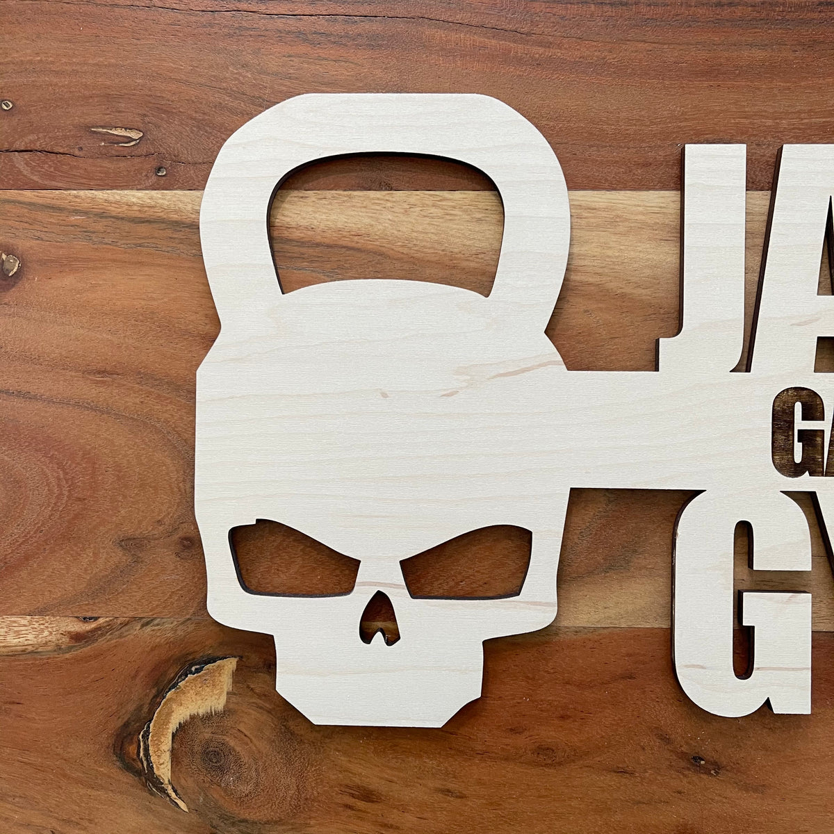 Original Custom Iron Skull Gym Sign - laser-cut hardwood wall art, hand-finished by Soul Kid Dsgn, view 2