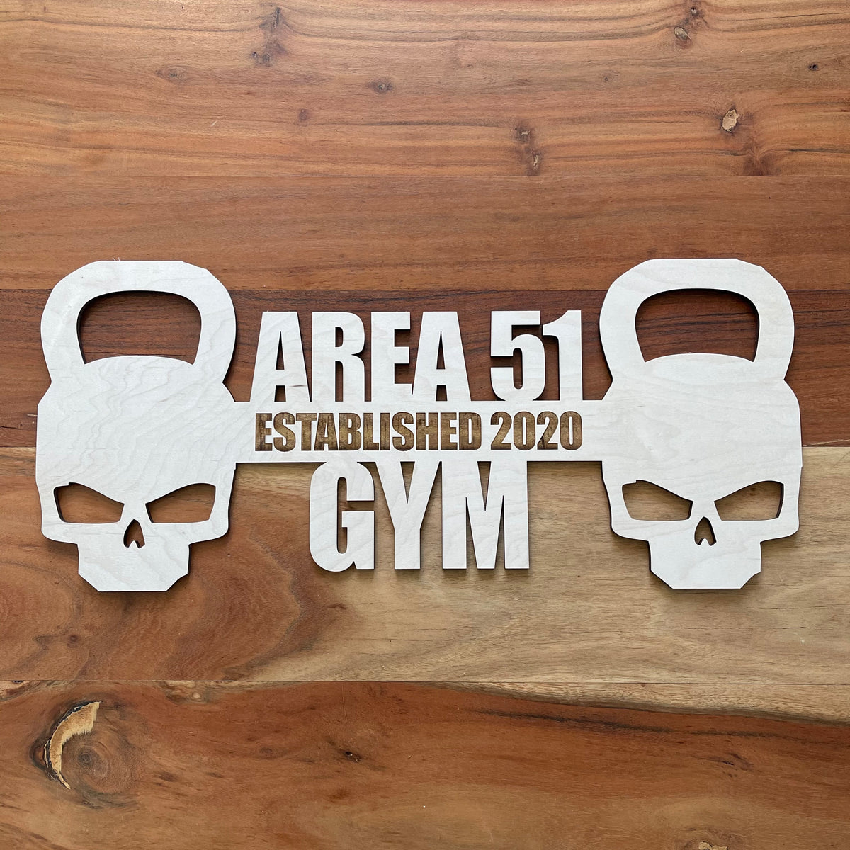Original Custom Iron Skull Gym Sign - laser-cut hardwood wall art, hand-finished by Soul Kid Dsgn, view 3